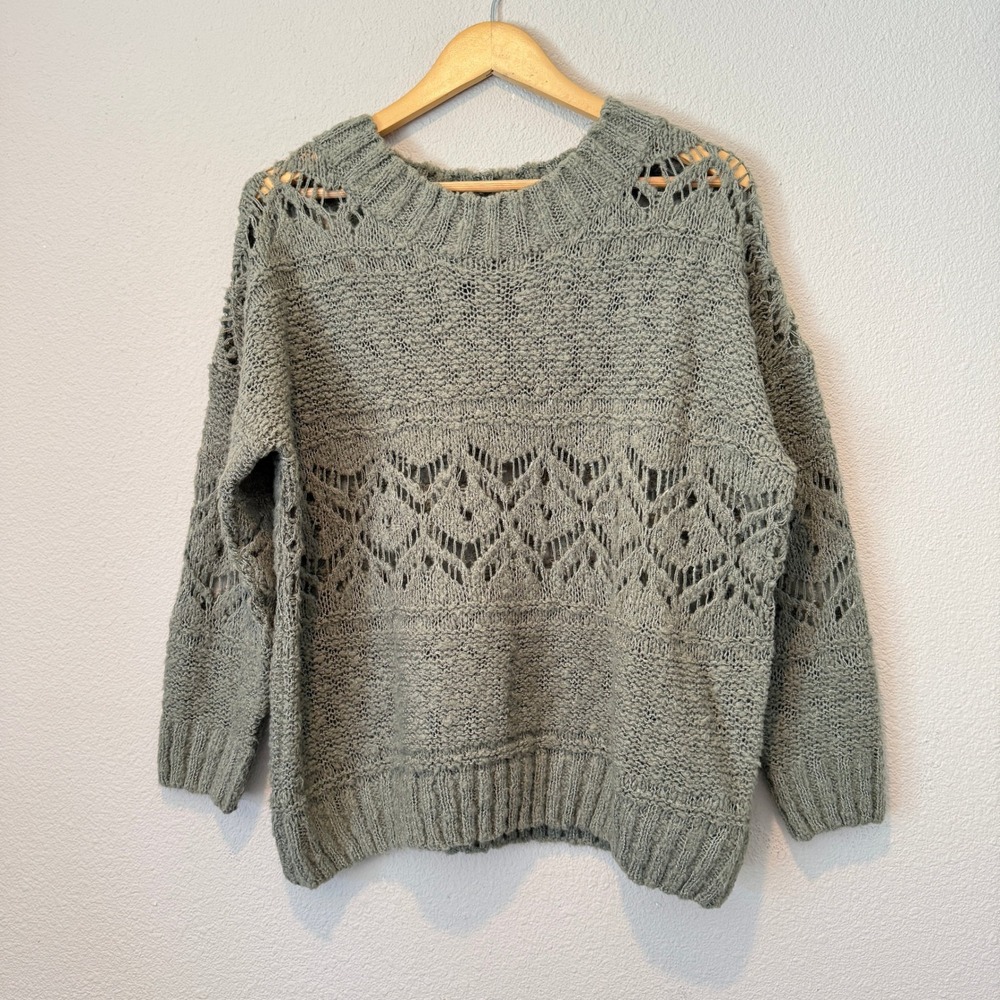 In Loom Sage Green Open Knit Pointelle Diamond Pullover Sweater SM